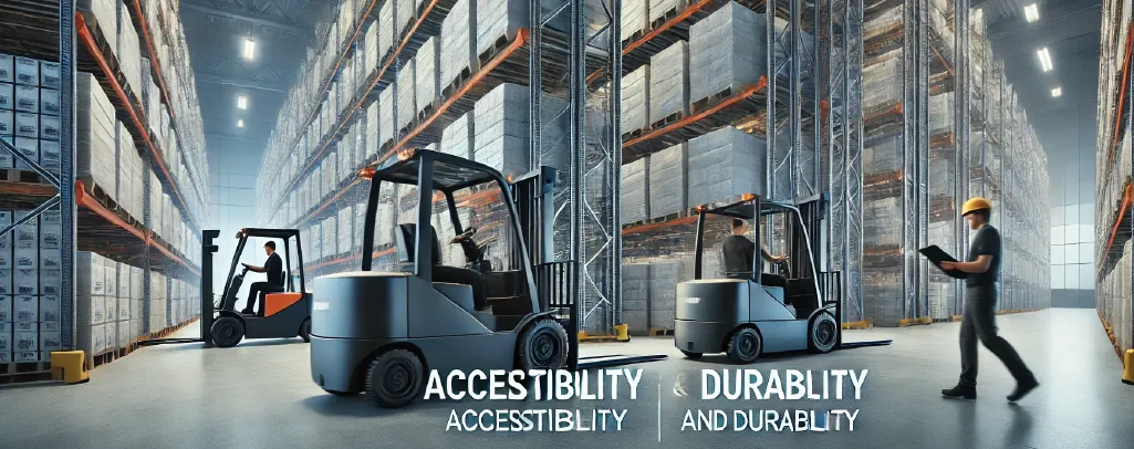 A neatly organized warehouse with robust shelves designed for high-throughput operations. Workers are seen accessing inventory and ensuring smooth operations with forklifts