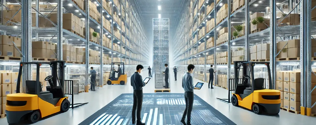 A modern warehouse with high-density storage systems and workers analyzing workflows on digital devices. Forklifts operate efficiently in the well-organized and scalable environment.
