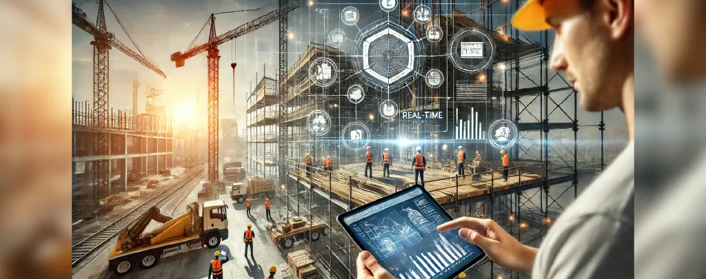 A modern construction site with workers collaborating using tablets and smartphones. One worker holds a large tablet displaying a digital blueprint. In the background, cranes, scaffolding, and partially built structures are visible. Elements like task lists and charts on devices highlight organization and task prioritization. The scene combines technology with a subtle festive touch, such as decorative lights on the scaffolding