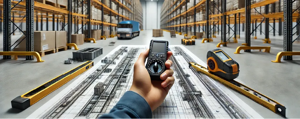 A dynamic scene featuring a team of professionals installing racking systems and safety barriers in a modern warehouse. The workers are focused and collaborative, with tools and equipment visible, highlighting their technical expertise and the complexity of their role in logistics operations.