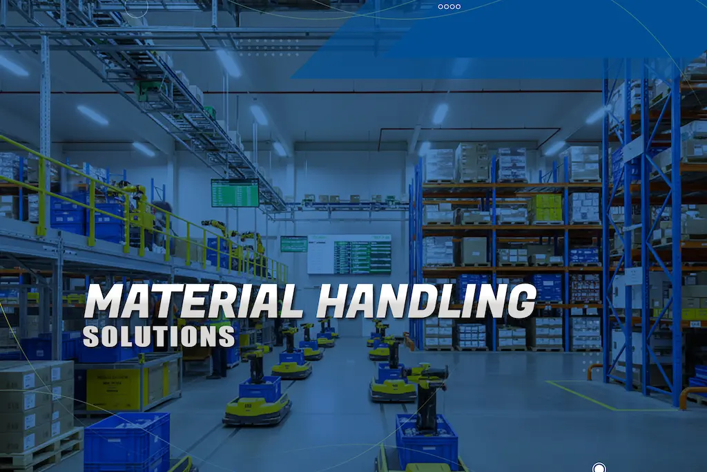 Automated material handling solutions operating inside a modern warehouse with racking and conveyor systems